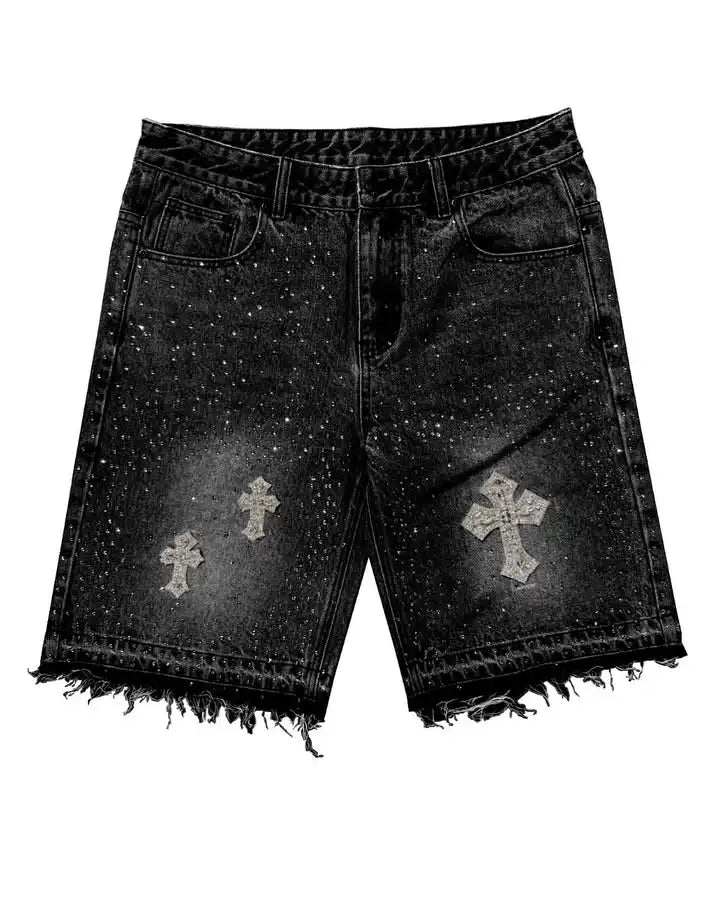 Vintage Cross Rhinestone Denim Shorts, Y2K Jeans, Mens Womens, Harajuku Hip Hop Retro Black Baggy Gym Shorts, Low Waist Shorts