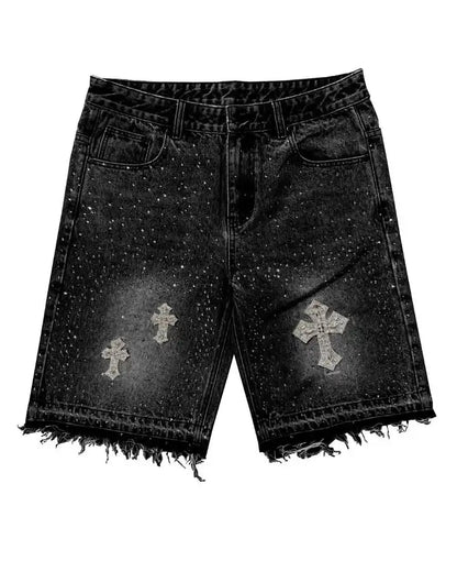 Vintage Cross Rhinestone Denim Shorts, Y2K Jeans, Mens Womens, Harajuku Hip Hop Retro Black Baggy Gym Shorts, Low Waist Shorts
