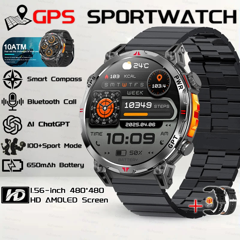 2026 New Outdoor GPS Sports Smartwatches Men Compass 10ATM Waterproof 24/7 Health Monitoring ChatGPT Bluetooth Call Smart Watch