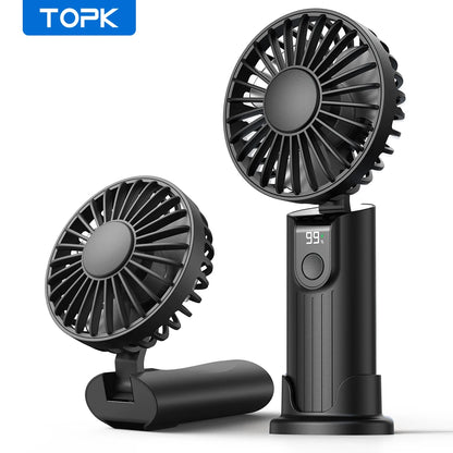 TOPK 5000mAh Mini Portable Fan USB Rechargeable Hand Held Fan,Small Pocket Fan 3 Speeds with Lanyard &Base, USB Desk Fan Foldable