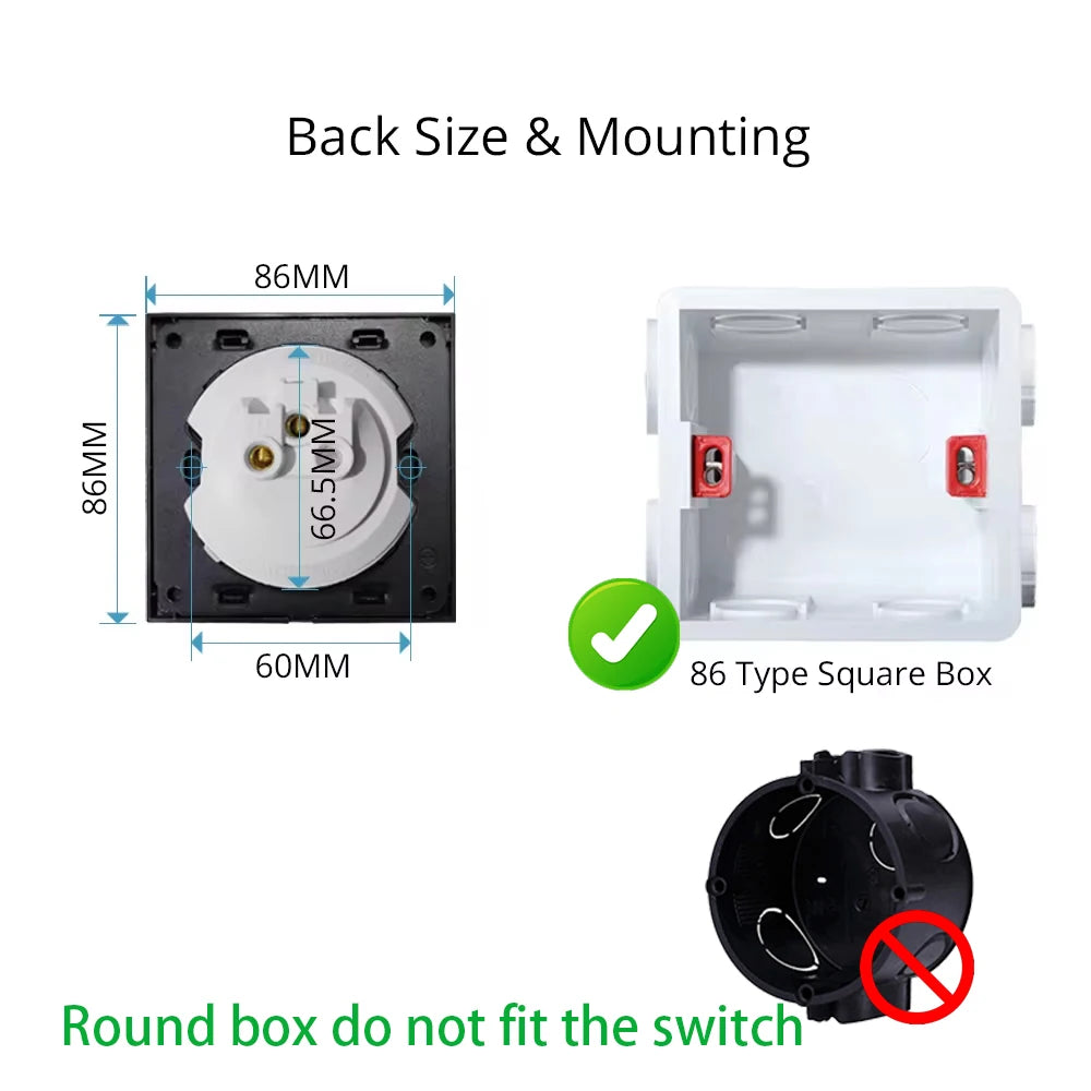 Wallpad Wall Switch 1 Way 2 Way, Circle Round Button, Blue LED Indicator, Brushed Aluminum Finishing, Black Gold SIlver Brown