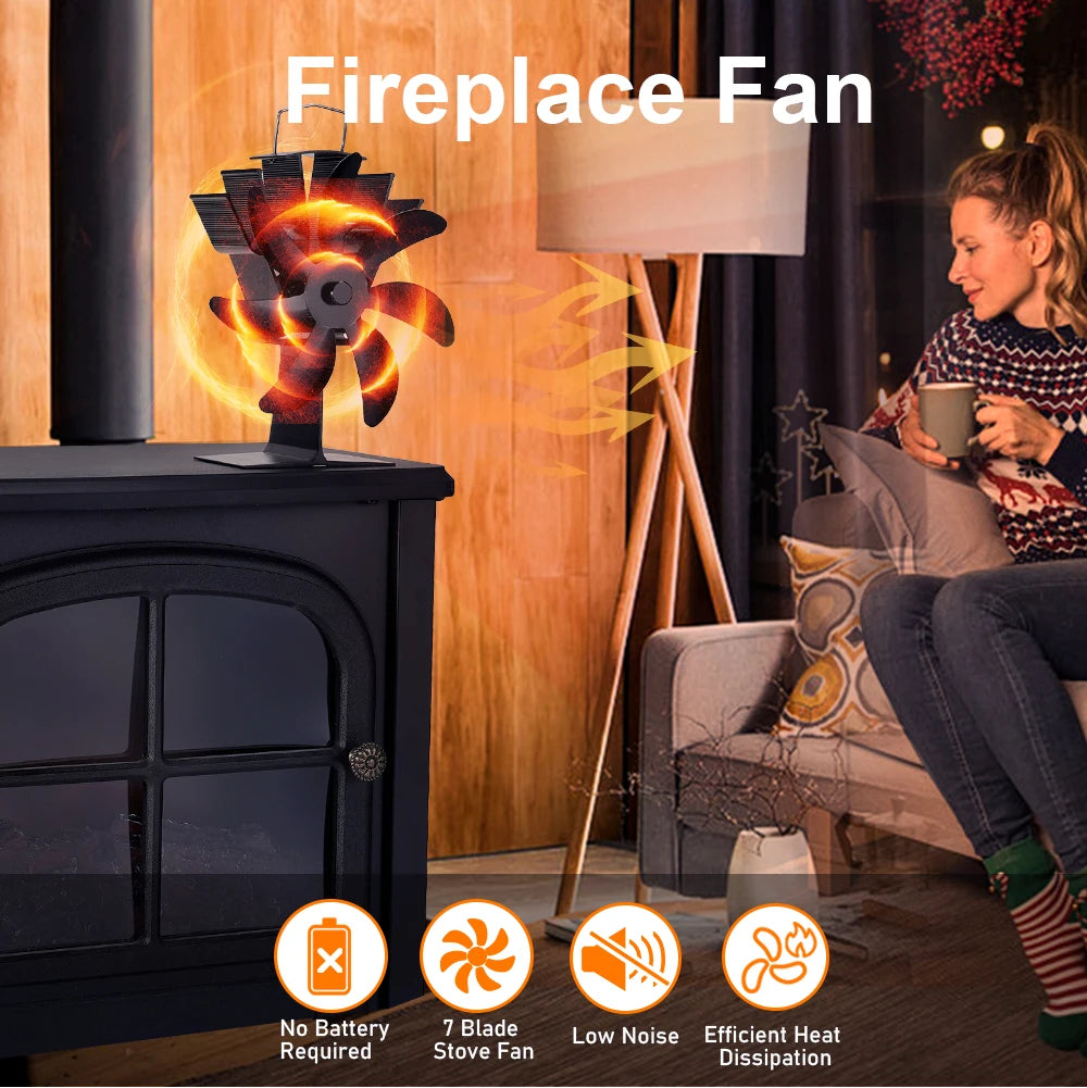 7 Blades Stove Fan Heat Powered Fireplace Fan Log Wood Burner Aluminum Alloy Eco-Fan Quiet Home Warm Efficient Heat Distribution
