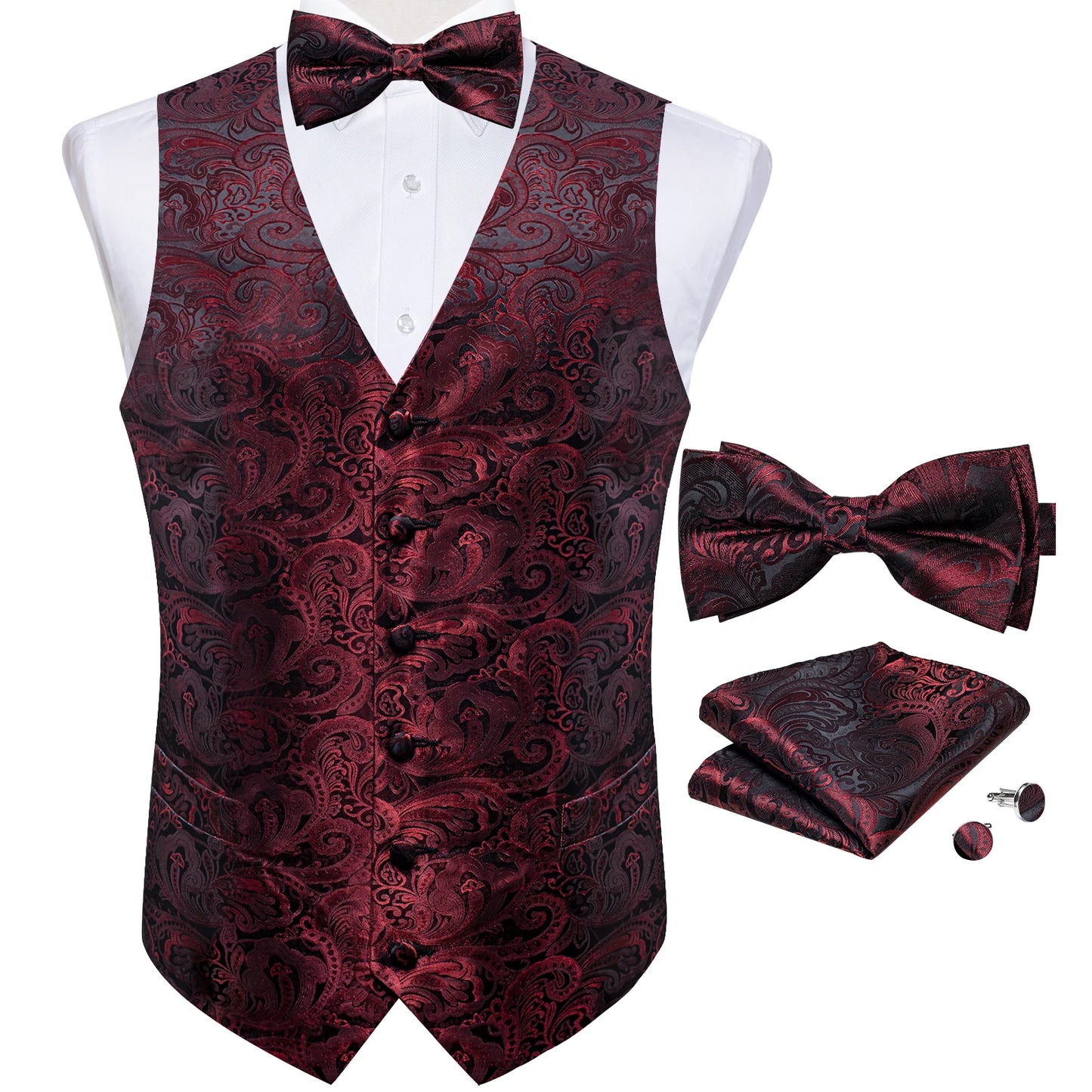 Suit Vest With Bow Tie Pocket Square Cufflinks Light Blue Black Red Paisley Luxury Wedding Prom Tuxedo Waistcoat for Men