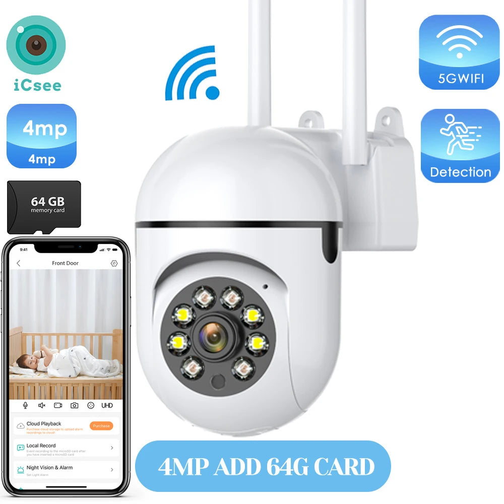 4MP Outdoor WiFi Camera 2K HD Security PTZ IP Camera AI Auto Detect Tracking Indoor Baby Night Color Camera Surveillance ICSee