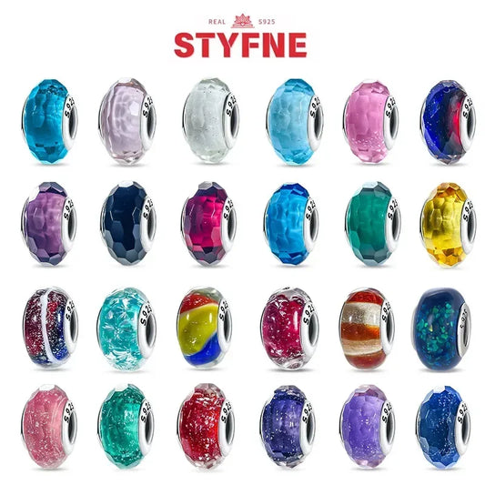 Sterling Silver 925 Colored Murano Glass Beads Round Shiny Charms Fit Original Bracelet DIY Fine Jewelry Gift for Women