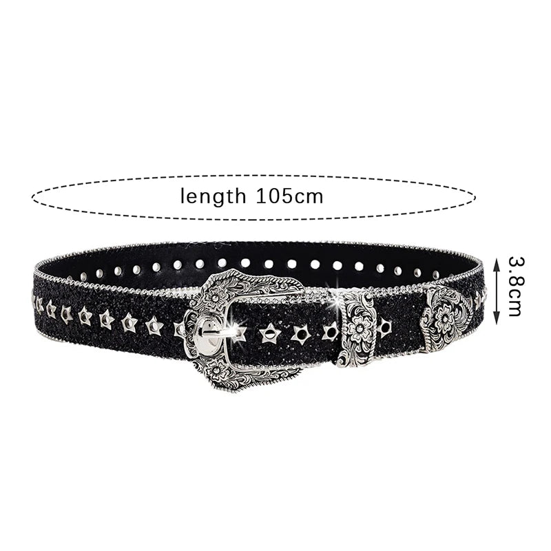 Personality Gothic Rhinestone Belts For Women Girl, Fashion PU Leather Belts, Western Cowboy Y2K Retro Jeans Skirt Decor Waistband