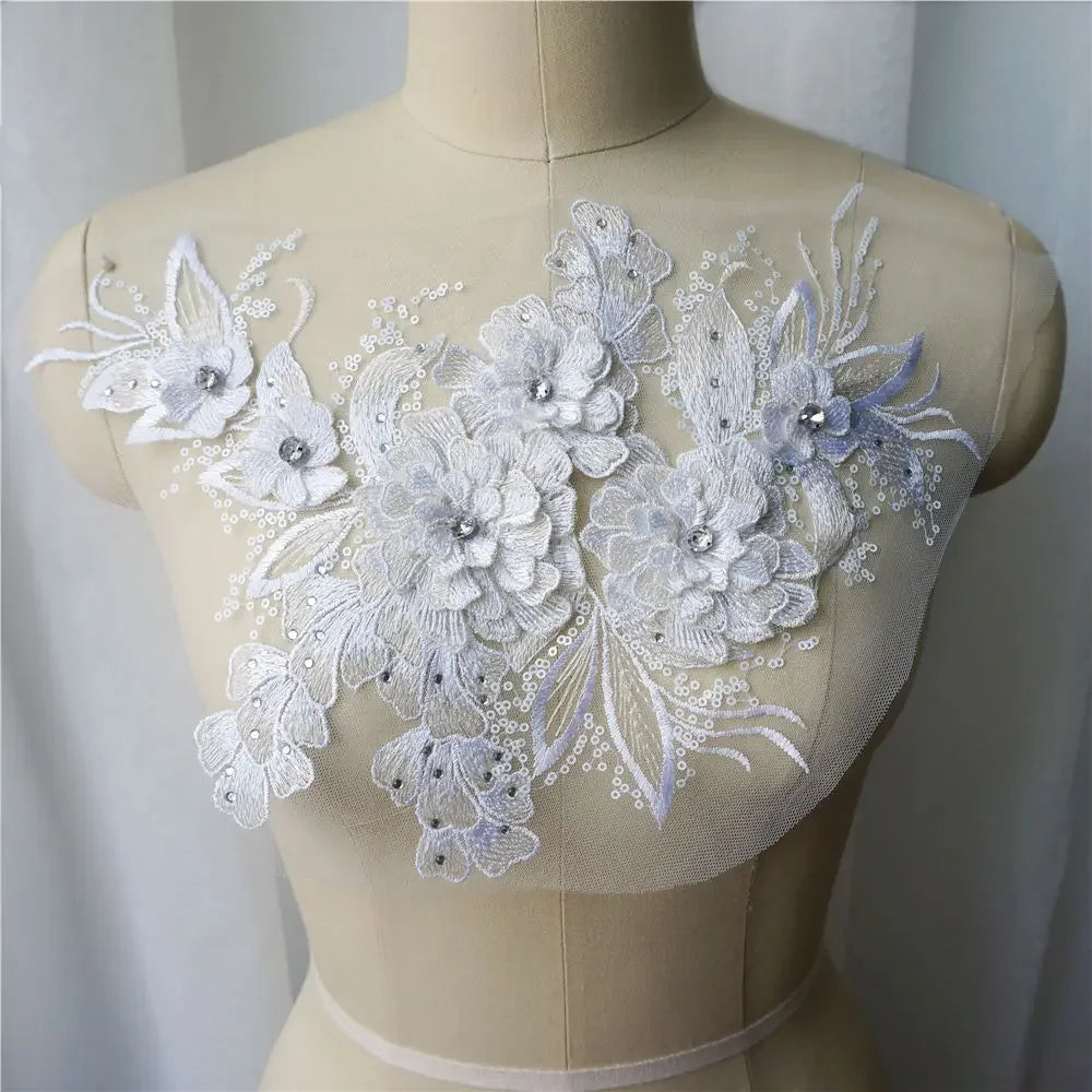 Grey Blue Red 3D Flower Leaf Lace Fabric Sequin Rhinestone Embroidered Gown Appliques Collar Mesh Sew Patch For Wedding Decor