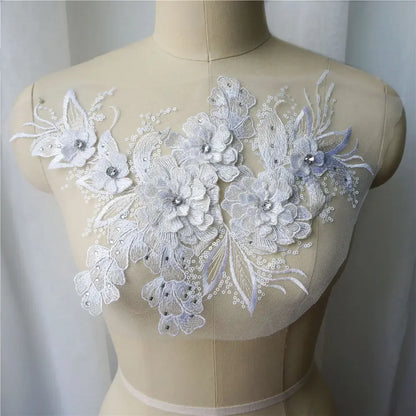 Grey Blue Red 3D Flower Leaf Lace Fabric Sequin Rhinestone Embroidered Gown Appliques Collar Mesh Sew Patch For Wedding Decor