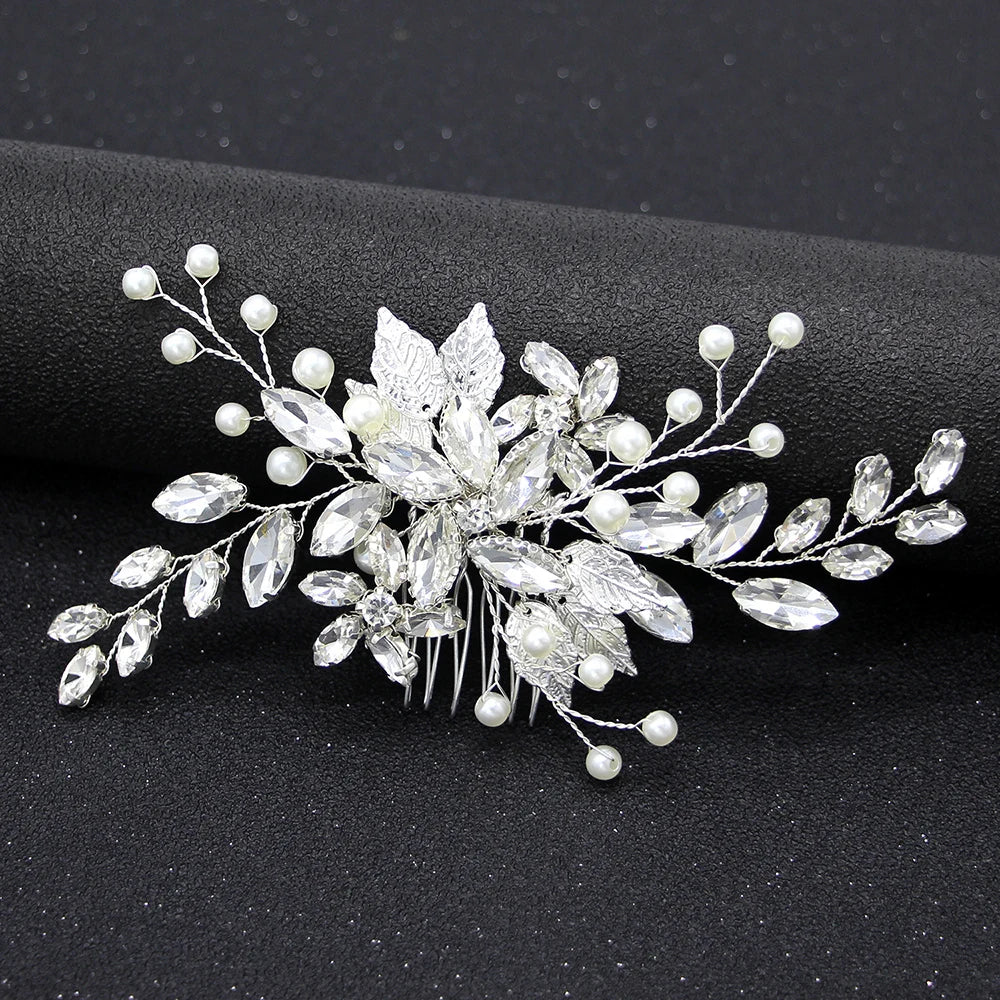 Crystal Pearl Hair Comb Clip Pin Alloy Leaf Hair Comb Handmade Headband Tiara For Women Bride Wedding Hair Accessories Jewelry