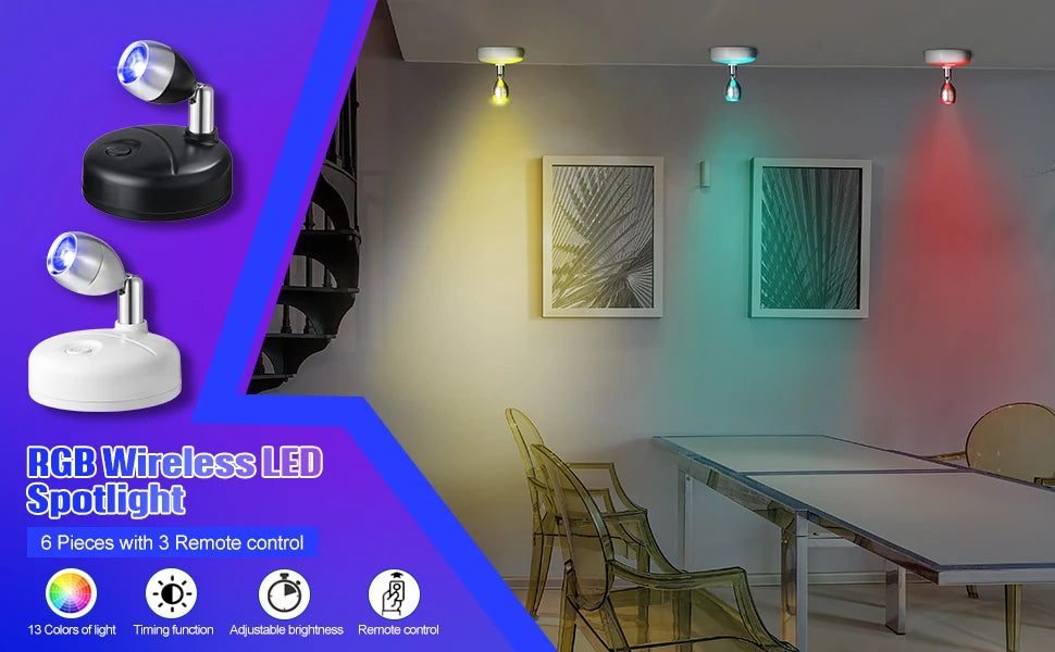 Battery Operated Spotlights, Indoor LED Wireless Spotlight, Indoor 13 Color Uplights with Rotatable Light Head, Stick-on Wall Hallway