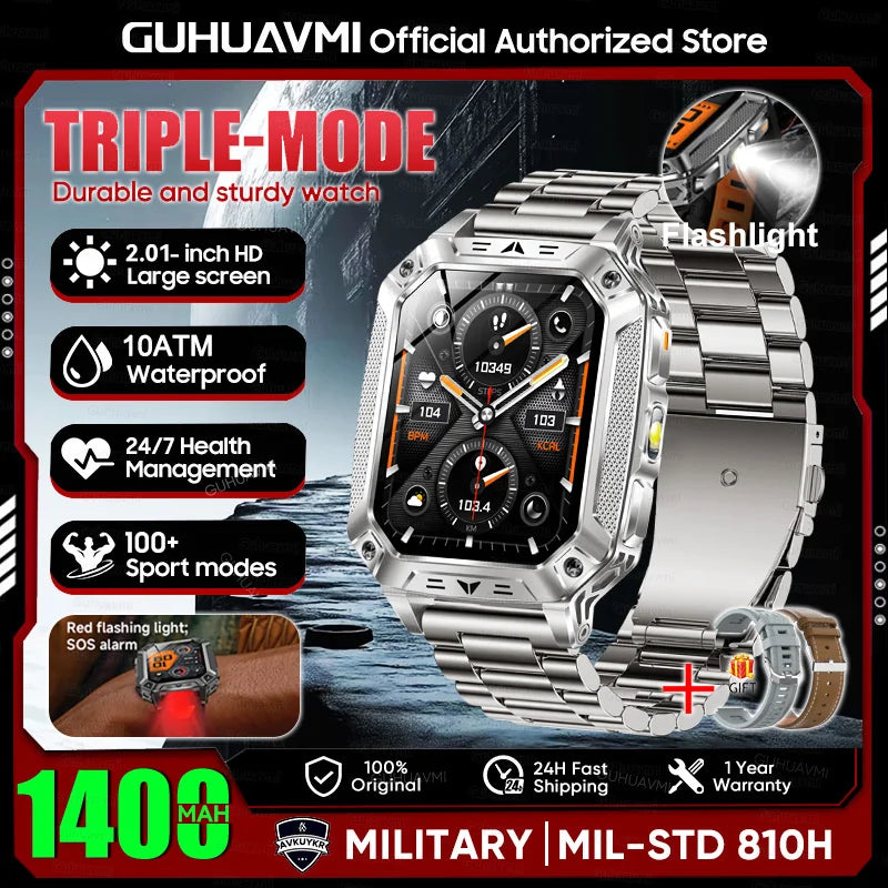 2026 New 1400mAh Large Battery Military Outdoor 2.01 inches Smart watch Men 10ATM Waterproof Bluetooth Call Sports Smart Watch
