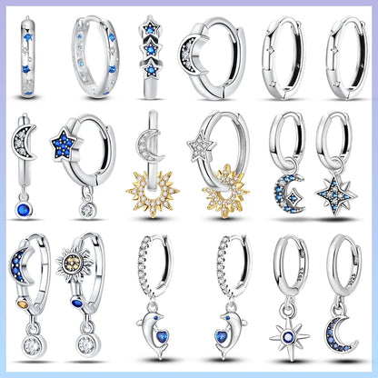 925 Sterling Silver Moon Universe Starry Sky Series Charm Earrings Women Blue Shiny Zircon Daily Wear Jewelry