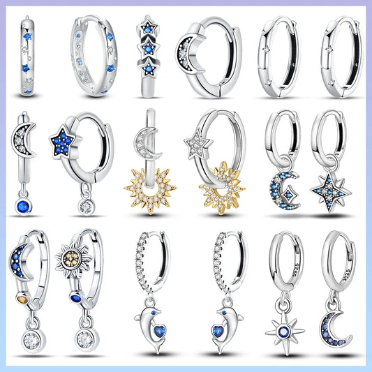 925 Sterling Silver Moon Universe Starry Sky Series Charm Earrings Women Blue Shiny Zircon Daily Wear Jewelry
