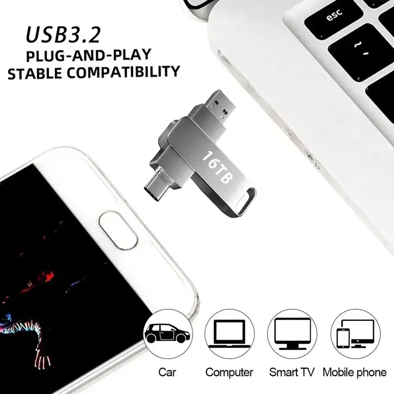 64TB USB 3.2 Flash Drive High Speed 2TB USB Transfer Type-C 2-In-1 16TB OTG Pendrive Waterproof Flash Disk For Computer Storage