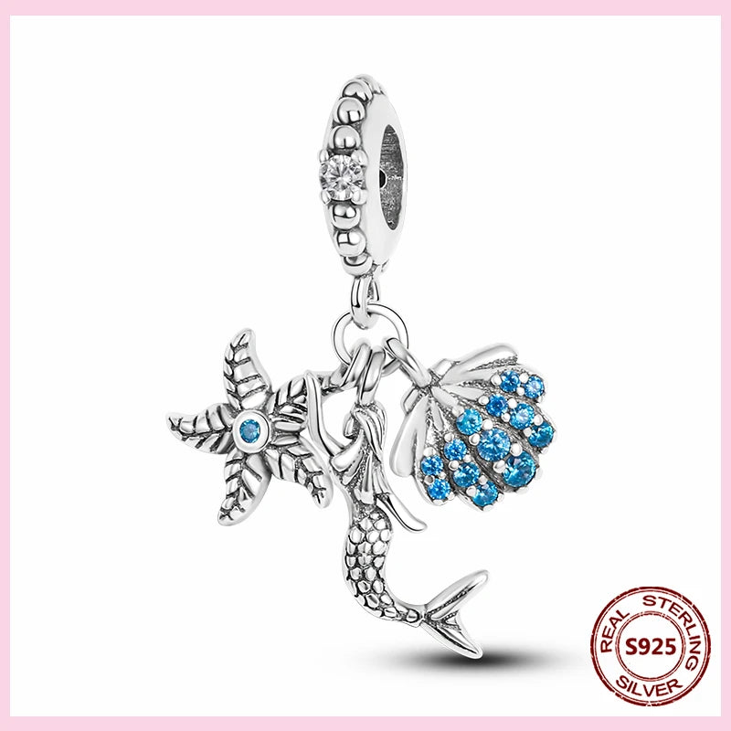 PAMELA 925 Sterling Silver Sea Turtle Starfish Blue Charm Dolphin Octopus Shell Bead For Original Charms Bracelets Ocean Jewelry