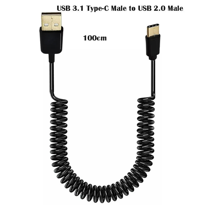 60W Fast Charging USB C to USB2.0/USB A to Micro USB/Type C to Type C Coiled Cable 90 Degree Right Angle Designs Cable for Smart