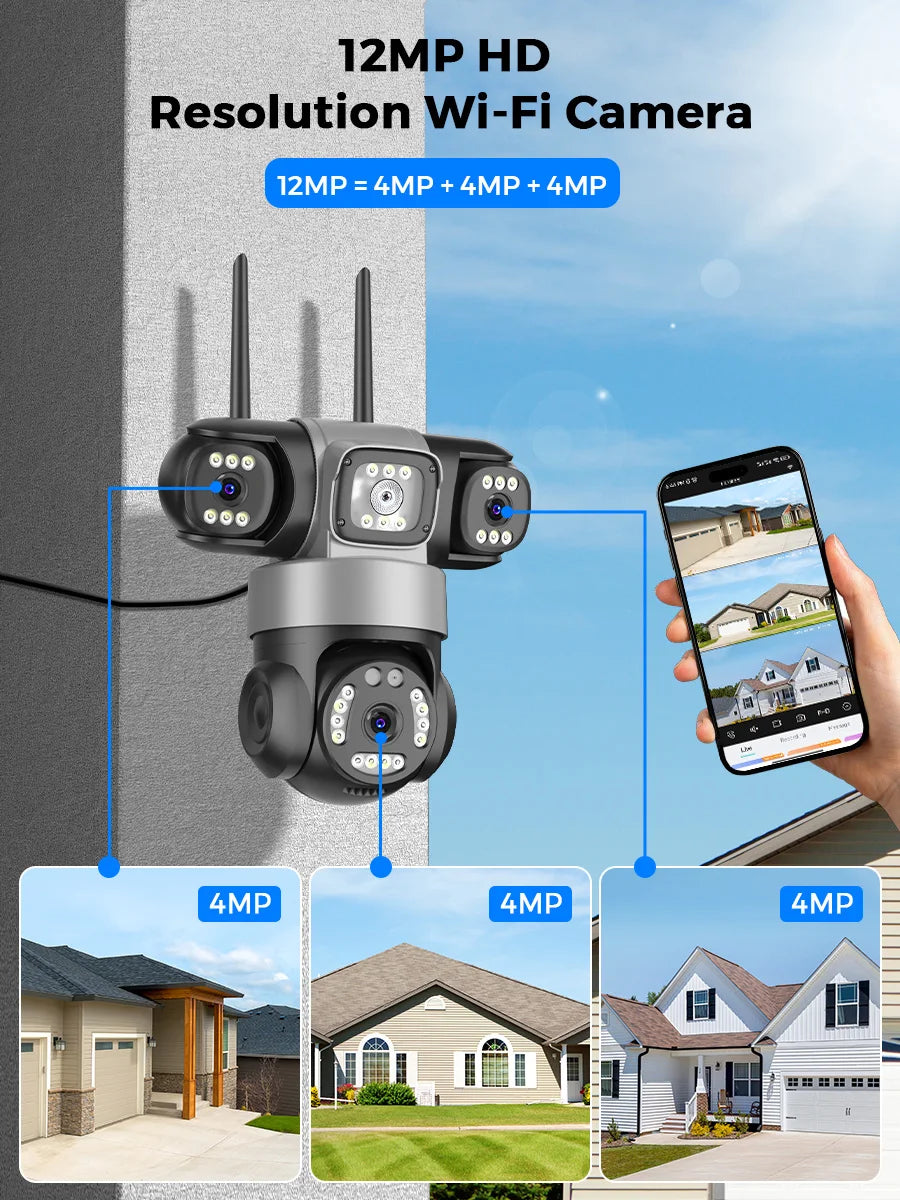 12MP Outdoor WiFi Camera, 6K HD Triple Lens, Triple Screens PTZ IP Security Camera, Human Auto Tracking, Waterproof CCTV Cam ICSEE