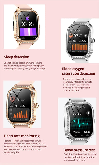 2026 New Fashion Women Diamond Smartwatch Heart Rate Blood Pressure Monitor Music Playback AI Voice Sports BT Calling SmartWatch