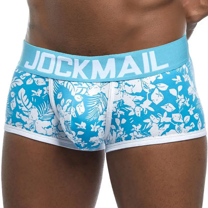 Male Panties, Breathable Boxers, Cotton Men Underwear, U convex pouch Sexy Underpants, Printed leaves Homewear Shorts, JOCKMAIL