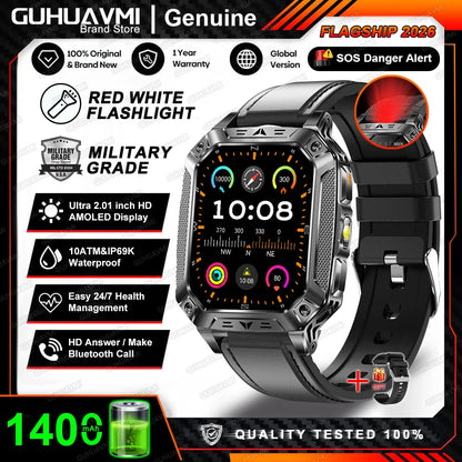 2026 New Built-in 1400mAh Super Large Battery Men Smart Watch Outdoor GPS 2.01"AMOLED Screen 10ATM Waterproof BT Call Smartwatch