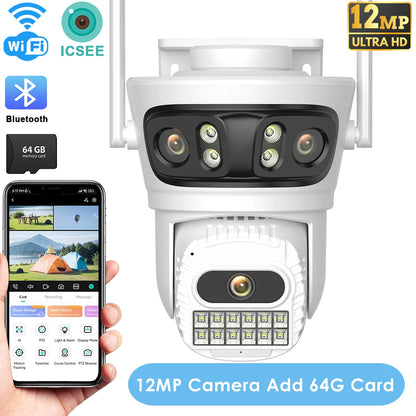 12MP Outdoor WiFi Camera, 6K HD Triple Lens, Triple Screens PTZ IP Security Camera, Human Auto Tracking, Waterproof CCTV Cam ICSEE