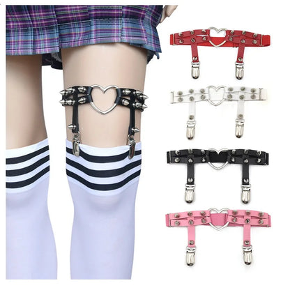 Liguero punk sexy con pinchos, cinturón elástico de roca con remaches, 2 clips, arnés gótico Harajuku para mujer, ligas con tachuelas, medias, liguero