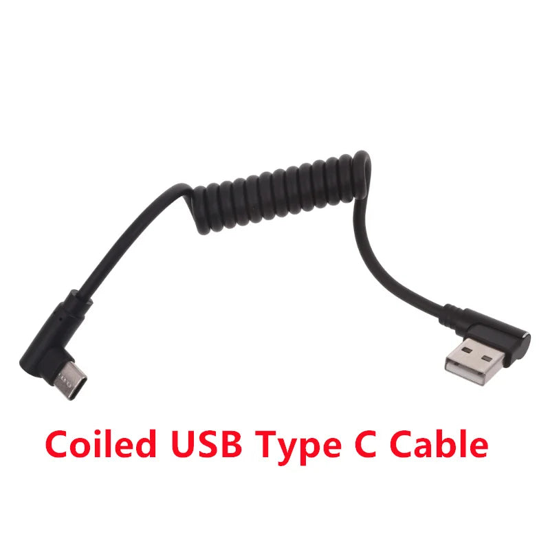 60W Fast Charging USB C to USB2.0, USB A to Micro USB, Type C to Type C Coiled Cable, 90 Degree Right Angle Design Cable for Smartphone Tablet Speaker Headphone
