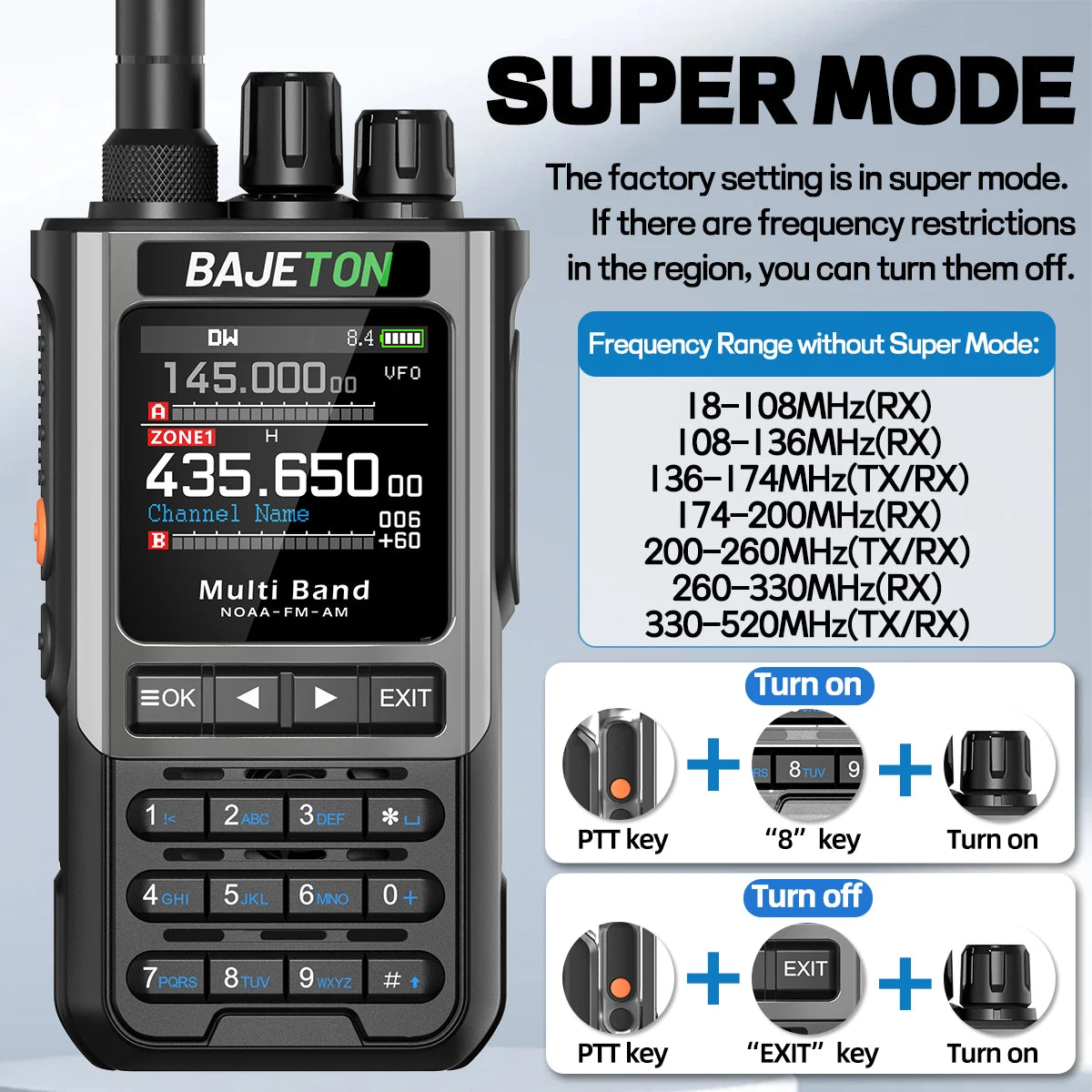 BAJETON BJ-8300 Walkie Talkie 10W Tri Power SW MW LW AM SSB CB Receive Wireless Bluetooth Phone Programming NOAA Two Way Radio