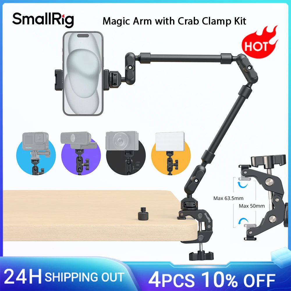 SmallRig Magic Arm with Crab Clamp Kit, Adjustable Desktop Tripod Mount, Boom Arm, for Smartphones Webcams Action Cameras 4766