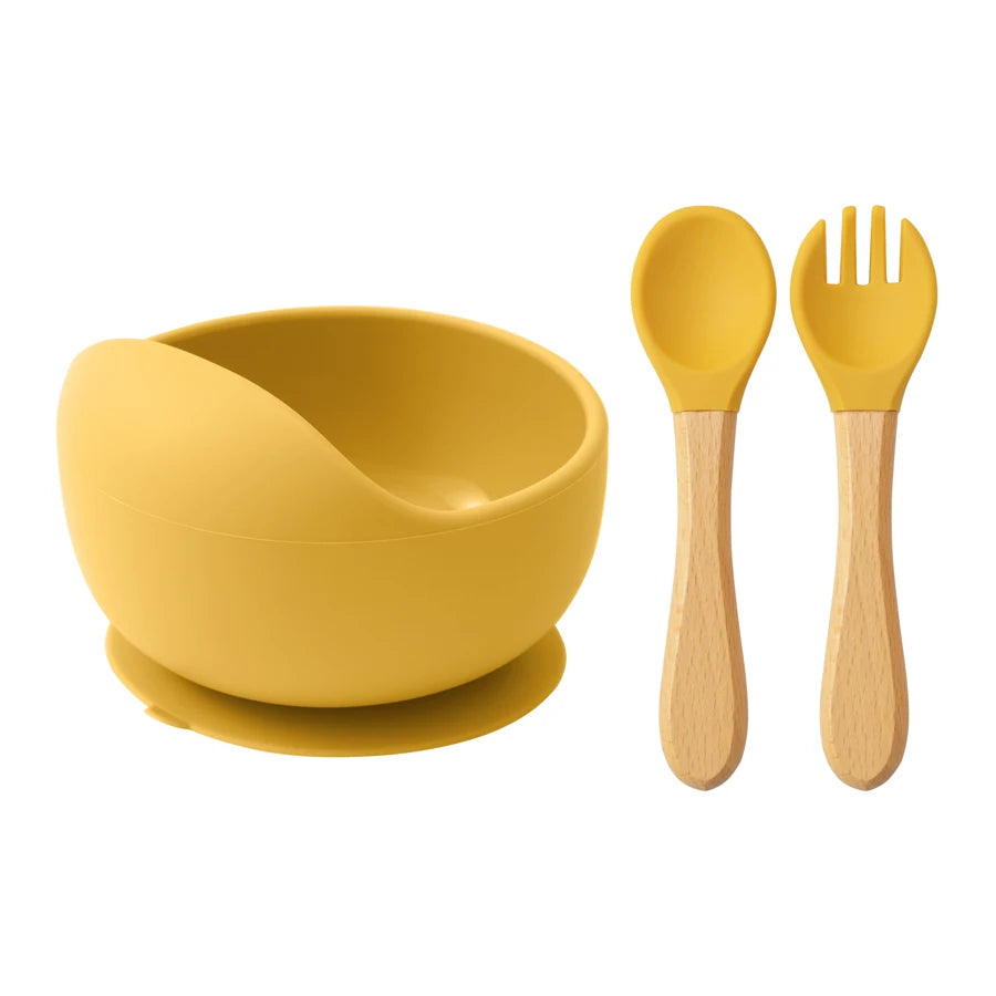 Mamaplan 3PCS Baby Silicone Feeding Set Toddler Suction Bowl Feeding Training Spoon Fork Baby Dishes Plate Baby Accessories