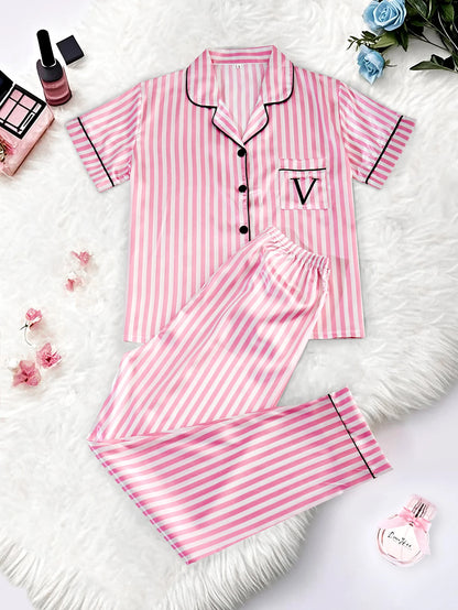 Classic Striped Print And Pocket Letter Short-Sleeve Long Pants Pajama Set, Satin Sleepwear with Lapel Collar and Button Detail
