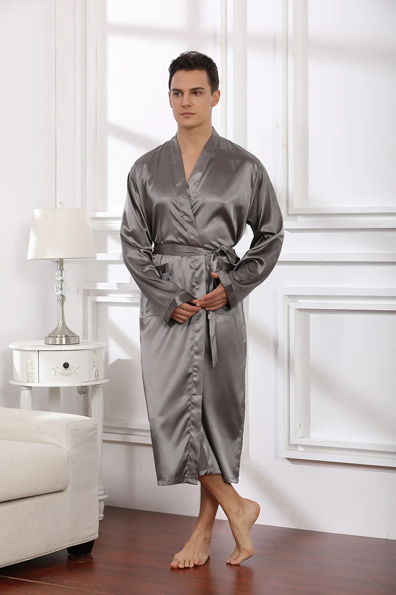 Plus Size 3XL, Men Long Bathrobe Sleepwear, Black Bridegroom Wedding Robe, Spring Summer Sleepwear, Nightwear, Loose Satin Home Wear