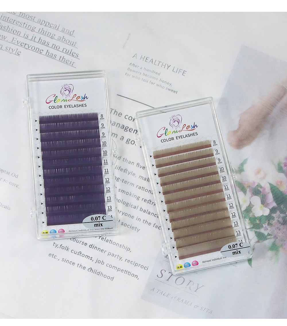 GLAMLASH Colored Lashes Lake Blue/Lavender/Cinnamon/Dark Green/Matcha Grey Individual Natural False Colorful Eyelash Extension
