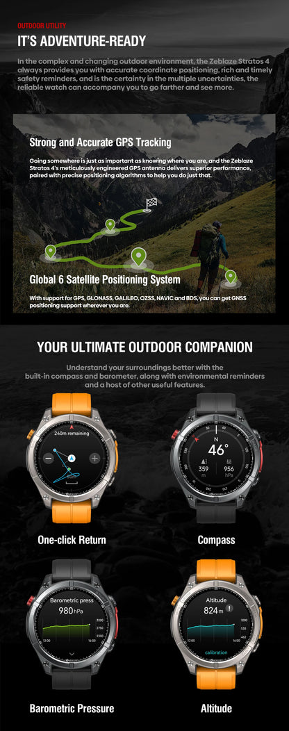 NEW Zeblaze Stratos 4 GPS Smartwatch, 1.43" AMOLED Screen Compass Barometric Altimeter Flashlight Voice Calling Smart Watch