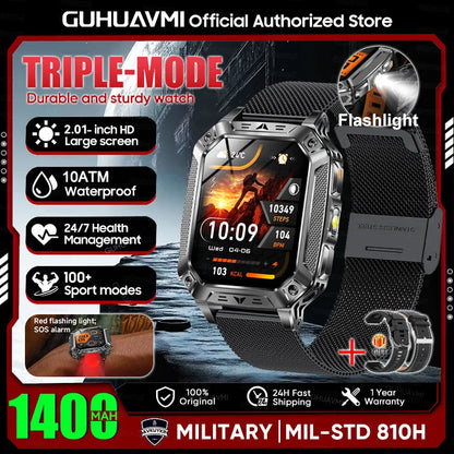2026 Military outdoor SmartWatch Fitness Clock Men 2.01 inch AMOLED Screen 1400mAh Battery Flashlight Call Waterproof Smart Band