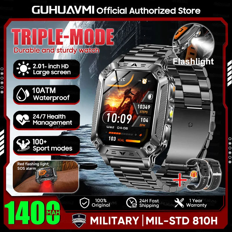 2026 Military outdoor SmartWatch Fitness Clock Men 2.01 inch AMOLED Screen 1400mAh Battery Flashlight Call Waterproof Smart Band