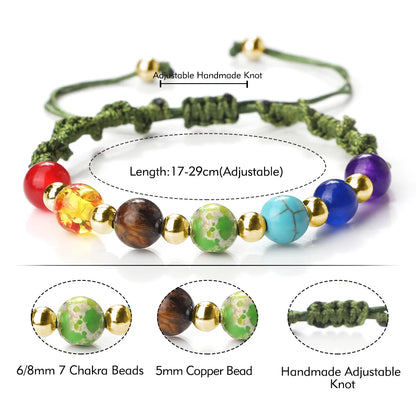 Reiki 7 Chakra Bracelet, Natural Stone Rope, Braided Yoga Healing Gold Color Copper Beads Bracelets & Bangles Meditation Jewelry