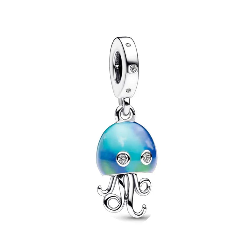 Nuevo colgante de plata 925 compatible con pulsera original, joyas para mujer, serie azul, colgante de pulpo, delfín, búho, camaleón
