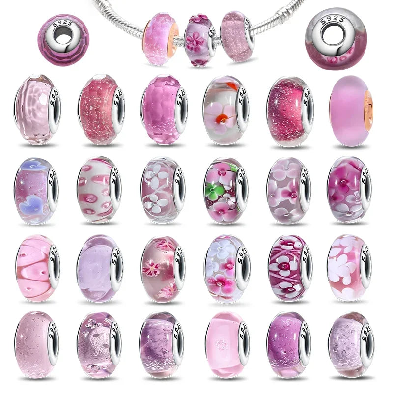 925 Sterling Silver Pink Color Series Beads Heart Flower Murano Glass DIY Jewelry Charms Fit Original Bracelet for Women Fine Gifts