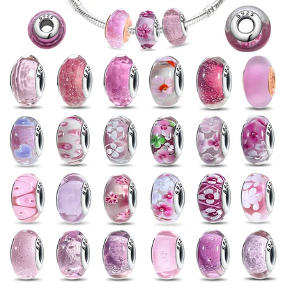 925 Sterling Silver Pink Color Series Beads Heart Flower Murano Glass DIY Jewelry Charms Fit Original Bracelet for Women Fine Gifts
