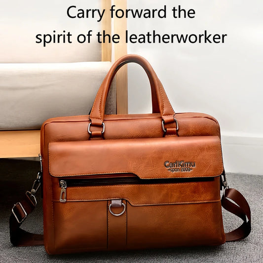 The neutral color men's handbag is suitable for business trips and can also be carried on one shoulder. It is made of PU material.