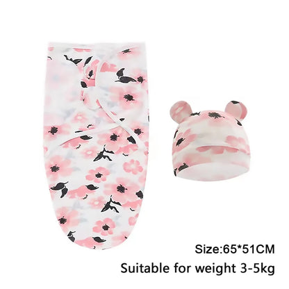 Baby Blanket Hat Set, Cartoon Printed Cotton Newborn Swaddle, Adjustable Infant Sleeping Swaddle Wraps, All Seasons, 0-6 Months