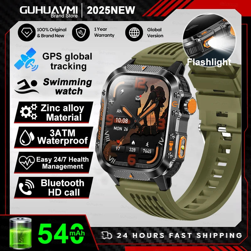 2025New GPS Smart Watch For Xiaomi IOS Military Compass Flashlight Smartwatch Men 10ATM Waterproof 100+Sport Modes BT Call Watch