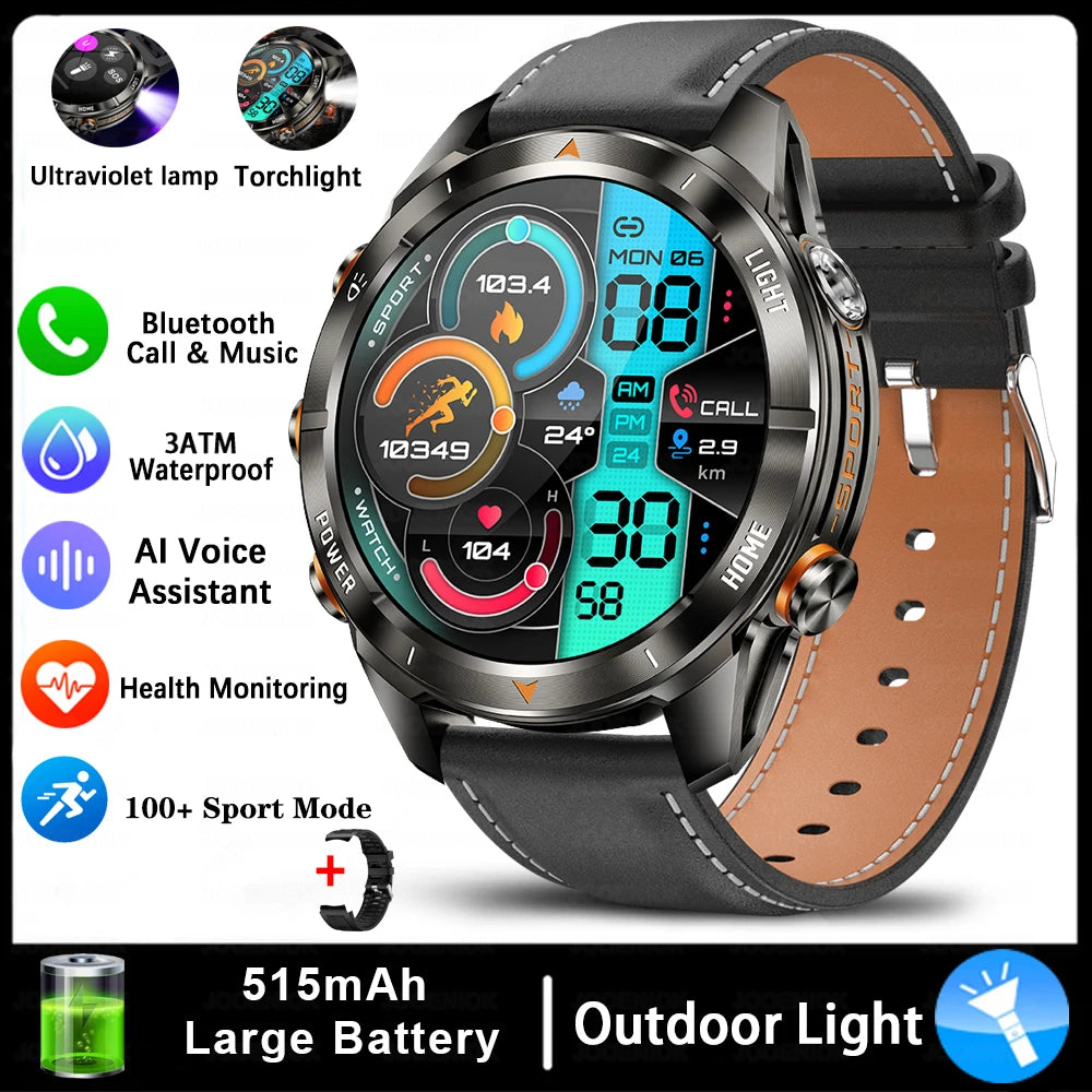New Outdoor Sport Smart Watch, For Men, 1.46" AMOLED Screen LED, Flashlight, 515mAh Battery, 10ATM Waterproof, Bluetooth Call Smartwatch