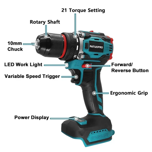 10mm Cordless Brushless Electric Drill, 2-Speed Metal Chuck Screwdriver, Home DIY Tool For Makita 18V Battery (No Battery), PATUOPRO