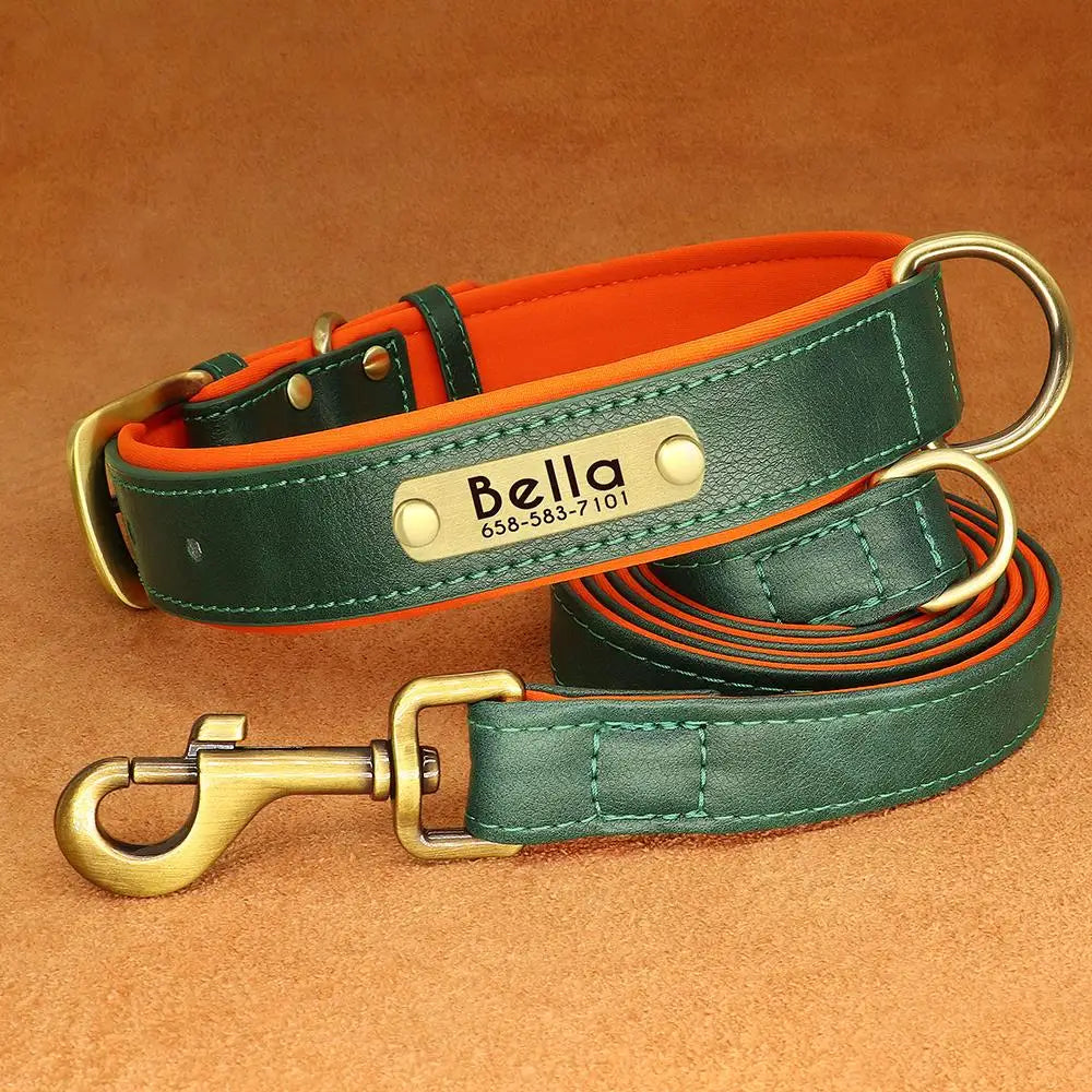 Customized Leather Dog Collar Leash Set, Soft Padded Leather Collar For Small Medium Large Dogs With Free Engraved Nameplate