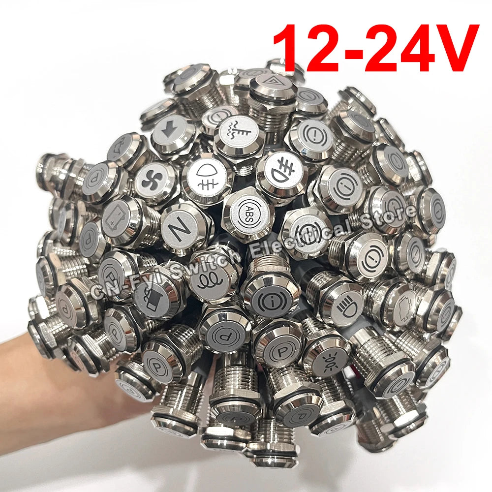 8/12/14MM Waterproof Symbol LED Indicator Light 12V 24V Silver Metal Indicator Turn Signal Pilot Light with Wire Car Dashboard