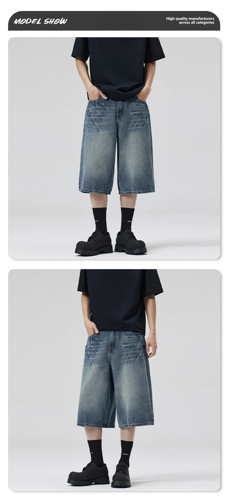 American Lightning Crack Black Grey Jeans, Men's Straight Tube Loose Wide Leg Shorts, Y2k Street Hip Hop Sevens