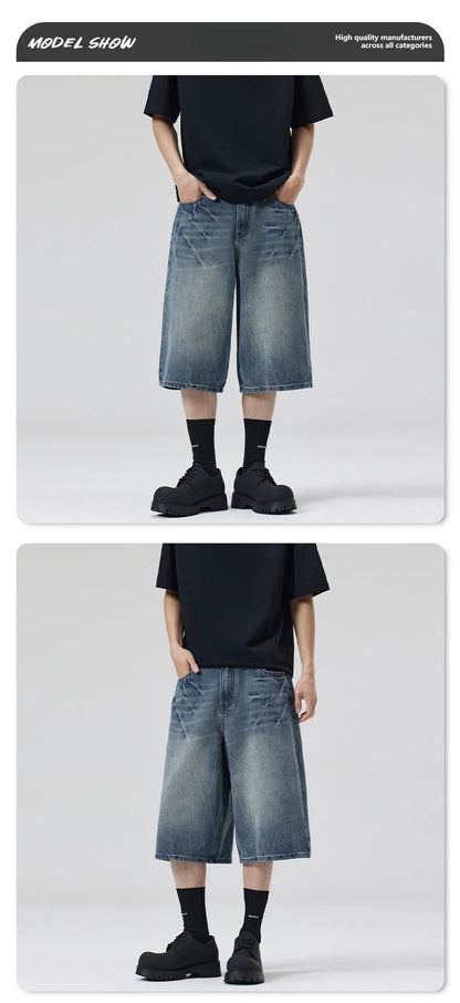 American Lightning Crack Black Grey Jeans, Men's Straight Tube Loose Wide Leg Shorts, Y2k Street Hip Hop Sevens