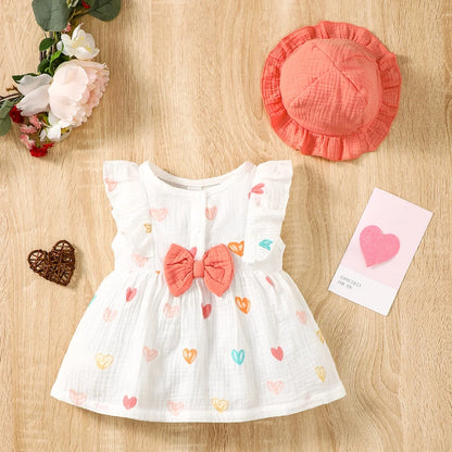 2Pcs, Dress Clothes Set, Newborn Baby Girl Love Print Sleeveless Dress With Hat Summer Fashion Cute Wear for Infant Girl 0-9Months